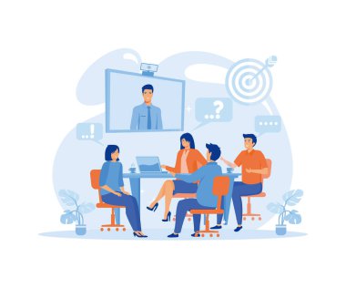 Toplantı odasındaki video konferans görüşmesinde iş ekibi. CEO, müdür ya da yönetmenle çevrimiçi görüşme. düz vektör modern illüstrasyon