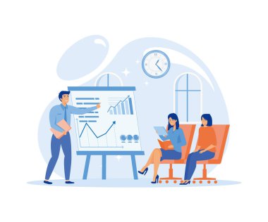 Ofis Yöneticisi Adayı Turta Tablosu Kullanarak İş Seminerinde Sunum Yapıyor. düz vektör modern illüstrasyon