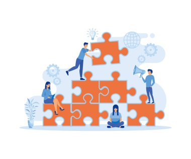 Ortak takım çalışması, bir iş ekibi kurmak. Yapboz parçalarını birleştiren insanlar. İşbirliği ve iş ortaklığı metaforu. düz vektör modern illüstrasyon