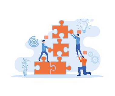 Takım çalışması ve takım oluşturma, kurumsal organizasyon ve ortaklık, problem çözme, yaratıcı çözüm. düz vektör modern illüstrasyon