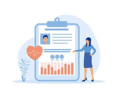 Hasta fotoğrafı, kardiyogram ve sağlık göstergeleri içeren tablet. Tıbbi kayıt, geçmiş ya da profil kavramı, teşhis için bilgi. düz vektör modern illüstrasyon