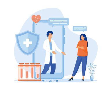 Çevrimiçi tıbbi danışmanlık ve destek hizmetleri kavramı. Doktor görüntüsü akıllı telefon ekranından arıyor. düz vektör modern illüstrasyon