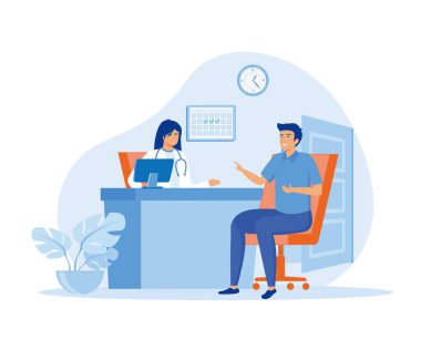 Hastanedeki bir terapist doktorla birlikte Hastalık Belirtileri. Tıbbi Kişilik Karakteri. düz vektör modern illüstrasyon