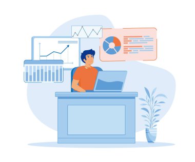 Ofis çalışanları evrim ölçeğinin analizi olan bilgiyi inceliyorlar. düz vektör modern illüstrasyon