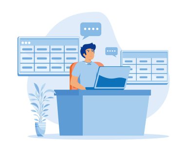 Adam büyük veriler ve veritabanlarıyla çalışıyor, dizüstü bilgisayar kullanıyor ve tabloları aşıyor. düz vektör modern illüstrasyon