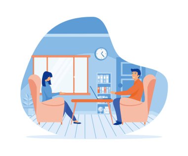 İş görüşmesi. İnsan kaynakları müdürü. Ofis işleri. İK yöneticisi ve aday. düz vektör modern illüstrasyon