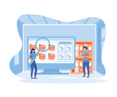 Çalışanlar dosya belgelerini araştırıyor ve indeksliyor. Dosya yöneticisi ve veri depolama düz vektör modern illüstrasyon