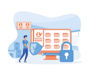 Koruma ağı erişim konseptinde kalkan günlüğü olan düz kişisel siber veri güvenlik kullanıcısı. düz vektör modern illüstrasyon