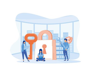 Veritabanı güvenliği. İş adamlarının elinde anahtar ve kilit var. Kişisel veri koruması. modern vektör düz resimleme