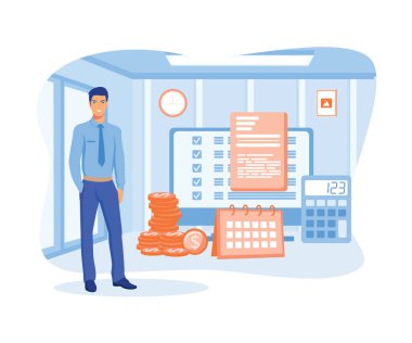 Maaş raporları ve maaş dengeleri, yıllık vergi gelirleri ve bütçe planlama süreçleri. düz vektör modern illüstrasyon