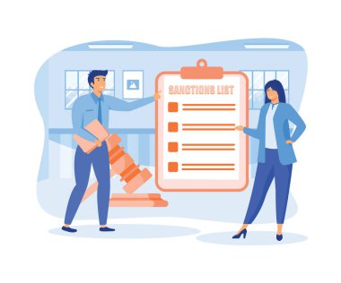 Yaptırımlar vektör kavramı. İş adamları yaptırım listesini yasal çekiçle tartışıyor. düz vektör modern illüstrasyon