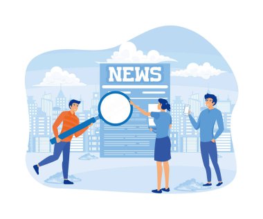 Haberler. Küçük insanlar gazetede flaş haber okuyor. düz vektör modern illüstrasyon