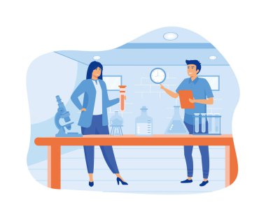 Bilimadamları bilimsel araştırma, analiz ve aşı testleri yapıyorlar. düz vektör modern illüstrasyon