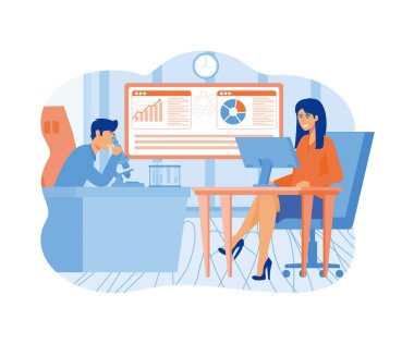 Profesyonel bilim adamları, doktorlar ve kimyasal araştırmacılar laboratuvar deneylerinde çalışıp analiz ediyorlar. düz vektör modern illüstrasyon