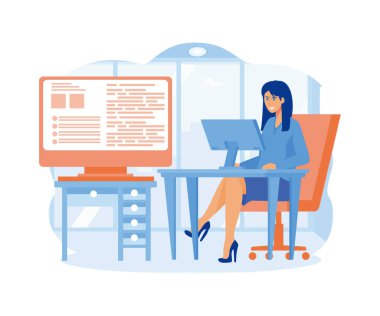 Dizüstü bilgisayarın arkasında genç ve güzel bir programcı kız ve bir bilgisayar bir kod yazar. düz vektör modern illüstrasyon