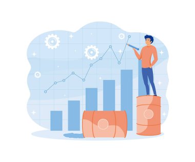 Petrol fiyatları konsepti. Petrol fiyatları yükseliyor, petrol galonu yığınının üzerinde yükselen grafiği çizen bir işadamı. düz vektör modern illüstrasyon
