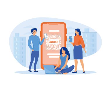 QR kod tarama konsepti. İnsanlar ödemeleri için akıllı telefon kullanıyor ve QR kodunu tarıyor. düz vektör modern illüstrasyon