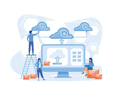 Bulut hesaplama konsepti. Bilgisayar monitörüyle çalışan takım yöneticisi ve geliştiricisi. düz vektör modern illüstrasyon