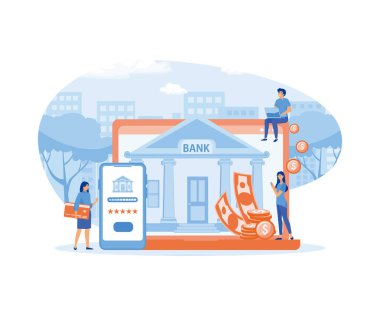 Mobil bankacılık ve online ödeme konsepti. İnsanlar online bankacılık ve muhasebe için dizüstü bilgisayar ve cep telefonu kullanıyor. düz vektör modern illüstrasyon