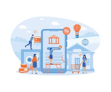 Mobil bankacılık ve finans yönetimi. Ofisteki insanlar internet ödemeleri, transferler ve depozitolar için akıllı telefon kullanıyorlar. düz vektör modern illüstrasyon