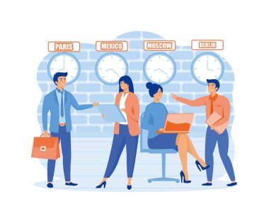 Yerel zaman dilimleri. Farklı zamanlarda saatlerin yakınında olan insanlar. Dünya çapında iş, uluslararası sancak, web sitesi tasarımı veya iniş web sayfası için şirket şube konsepti. düz vektör modern illüstrasyon