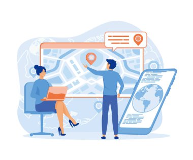 Düz stil GPS navigasyon konsepti. Adam GPS navigatör olay yerini kullanıyor. Navigasyon haritalama teknolojisi, haritalama ve konum belirleme sistemi afişi. düz vektör modern illüstrasyon