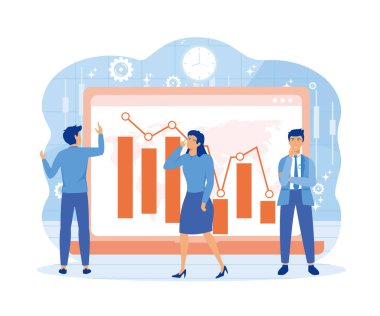 Düşen hisse senedi fiyatlarının grafiğiyle insanları ekranın önünde panikletiyor. Kavramsal iş hikayesi. Finansal kriz, ekonomik durgunluk, iflas, depresyon. düz vektör modern illüstrasyon