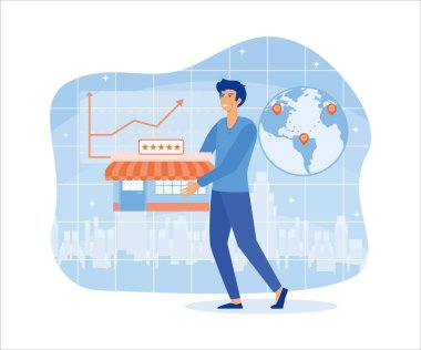 İşadamı ayakta duruyor ve bir bayilik satın alıyor. Bitmiş bir işi satın almak. İş sektörü kavramı, bayilik, manyaklık, dağıtım. düz vektör modern illüstrasyon