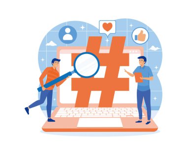 Sosyal medya pazarlama kavramı. Üzerinde etiket olan dizüstü bilgisayarlar, küçük insanlar ve sosyal ağlar. düz vektör modern illüstrasyon