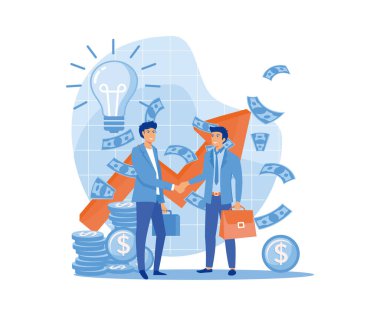 İş adamları el sıkışıyor. Yeni fikirlere yatırım yapan, finansal anlaşma yapan mutlu bir adam. düz vektör modern illüstrasyon