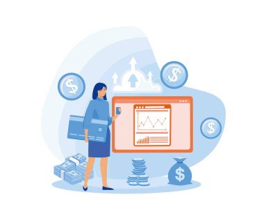 Adam kişisel hesaplardaki kişisel hesapları yönetiyor, işlemler yapıyor, banka verilerini analiz ediyor. düz vektör modern illüstrasyon