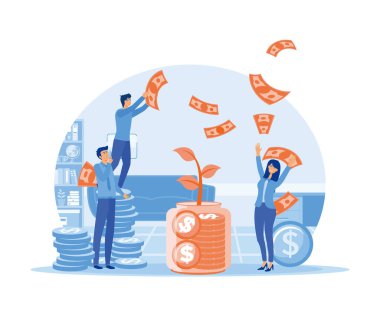 Kumbarada para biriktiriyorum. Gelir ve parayı depozitoya yatırıyorum. İş, zenginlik ve finansal yatırım kavramı. düz vektör modern illüstrasyon
