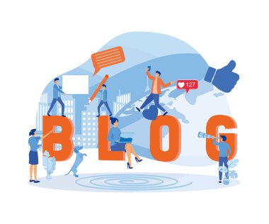 Blog Yaratıcı İçerik Üretim Çalıştırma Süreci Posteri. Mutlu Güler yüzlü Adam Sözcük Kompozisyonu Yapıyor. düz vektör modern illüstrasyon