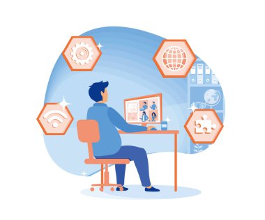 Video konferansı. İnsanlar bilgisayar ekranında iş arkadaşlarıyla takılıyorlar. Video konferansı ve online iletişim. düz vektör modern illüstrasyon