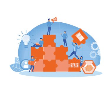 Ortak takım çalışması konsepti, bir iş ekibi kurmak, insanların bulmaca parçalarını birleştirmesi. İşbirliği ve iş ortaklığı metaforu. düz vektör modern illüstrasyon