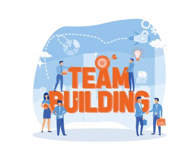 Ekip kurma büyük kelimelerle iş yapma kavramı ve ilgili ikon ile çevrelenmiş insanların tarzları. düz vektör modern illüstrasyon