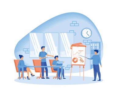 İş koçu seyircilerin önünde konuşuyor. Seminer, eğitim, sunum ya da konferans hakkında rapor sunan danışman. düz vektör modern illüstrasyon