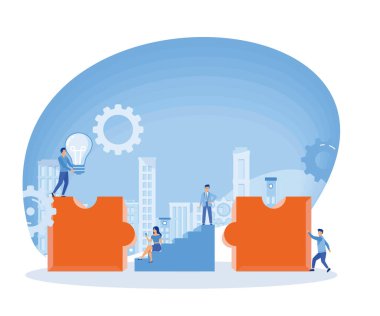 Bir grup genç iş adamı bulmacalarla işbirliği, sorunları çözme, yaratıcı fikir, beyin fırtınası ve takım çalışması kavramını düşünme sembolü olarak birlikte çalışıyor. düz vektör modern illüstrasyon