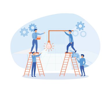 İş adamları ve takım çalışması.Yaratıcı ampul ve vites soyut vektör tasarım pankartı şablonu. Kurumsal endüstriyel logoti sembolü. düz vektör modern illüstrasyon