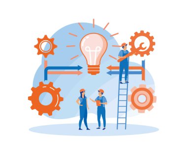 Bir grup genç iş adamı işbirliği yapıyor, sorunları çözüyorlar, yaratıcı fikir, beyin fırtınası ve takım çalışması kavramını düşünüyorlar. düz vektör modern illüstrasyon