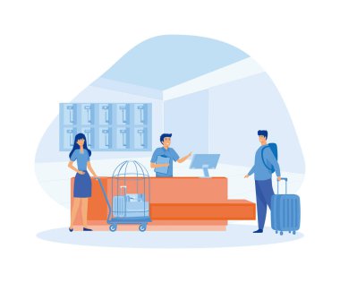 Otel resepsiyonu. Turist ya da gezgin insanlar ofis lobisindeki masada duruyorlar. Misafirler resepsiyonistle konuşuyorlar. düz vektör modern illüstrasyon