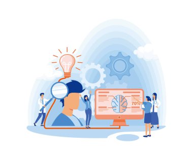 Bilgi Posteri Ekibi Gerçekleştirme Fikri üzerinde çalışıyor. Baş Adam 'da Düz Afiş Çalışma Fikirleri. İnsanlar Yaratıcı Fikirler Listesi yapar. Patronla takım çalışması. düz vektör modern illüstrasyon