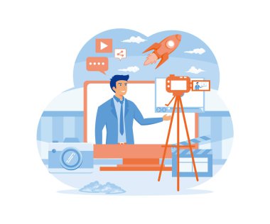 Sosyal medya için video içeriği oluşturucu. Aletleri, kamerası, mikrofonu ve ilave ikonları ile. düz vektör modern illüstrasyon