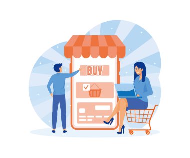 İnsanlar internetten alışveriş yapıyor. Cep telefonlu bir mağaza. Erkek ve kız akıllı telefon ve dizüstü bilgisayardan alışveriş yapıyorlar. düz vektör modern illüstrasyon