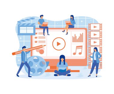 Hareket tasarım stüdyosu. Tasarımcılar, animasyoncular, hikaye anlatıcılar hareketli grafik içerik oluşturuyorlar. Çoklu ortam içeriği, video prodüksiyon ve video kurgusu. düz vektör modern illüstrasyon