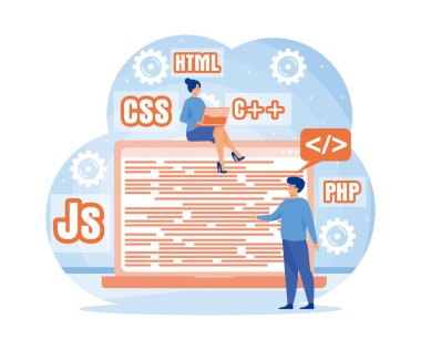 Programcı ya da geliştirici kod programlama dili oluşturur. Programlama ve mühendislik gelişimi. düz vektör modern illüstrasyon