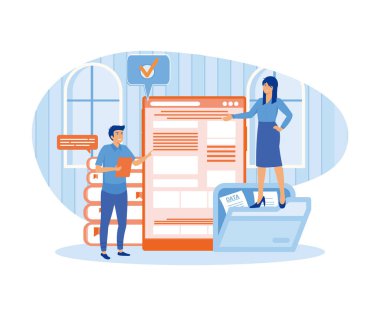 Çevrimiçi asistan 1 kavramı. İş adamı kişisel asistanı çevrimiçi hizmet veya platform. İşçi çağrılara cevap veriyor ve belgelere yardım ediyor. düz vektör modern illüstrasyon