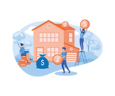 İnsanlar mülke para yatırıyor. İpotek kredisi, mülkiyet ve tasarruf. Ev domuz kumbarası gibi. Gayrimenkul yatırımı, ev alımı. düz vektör modern illüstrasyon