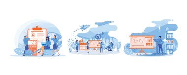 Finansal yönetim. İnsanlar birlikte çalışıp, tahtada plan yaparlar. İş planlaması, yönetim, organizasyon, başarı stratejisi. Düz vektör resimlemesini ayarla