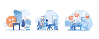 Başı ağrıyan, migreni olan, başını tutan bir kadın. Ofiste stres var. Yorgun ve çileden çıkmış bir ofis çalışanı kağıt ve belgelerin arasında kafasını sıkıyor. Düz vektör resimlemesini ayarla